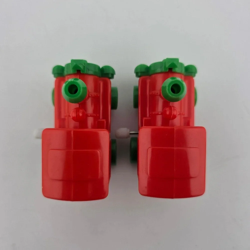 Vintage Wind Up Train Engine Toy Set 2pc Red Green GOOD Miniature Playroom Decor